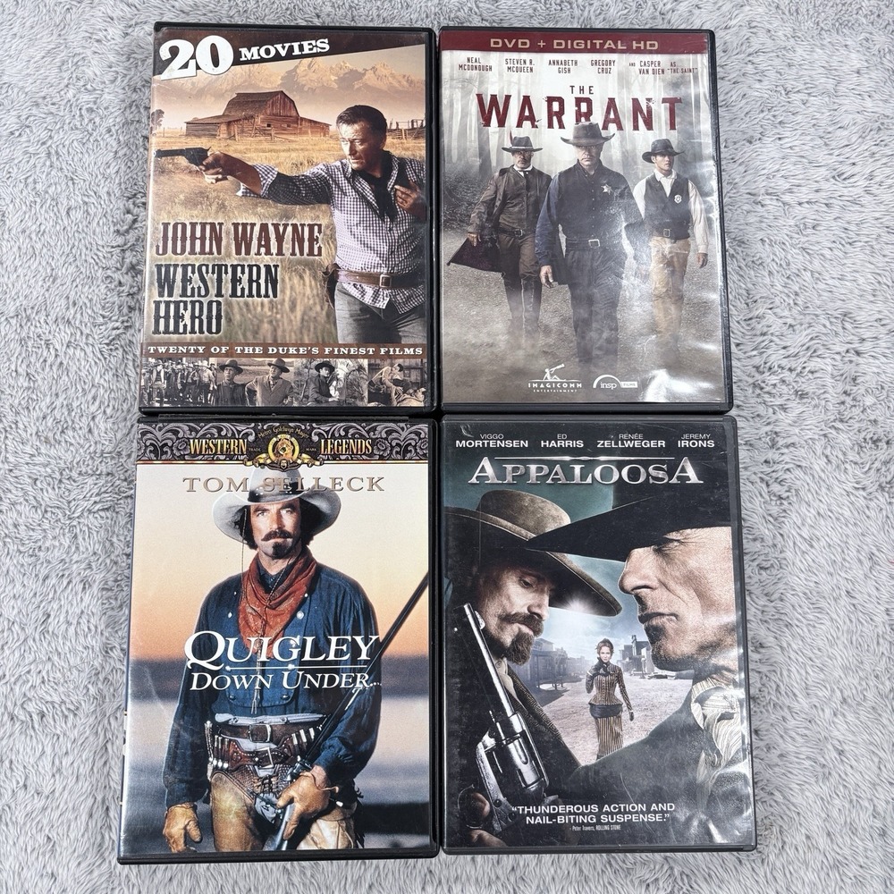 Four Western DVDs: Quigley Down Under, John Wayne Collection, The Warrant.